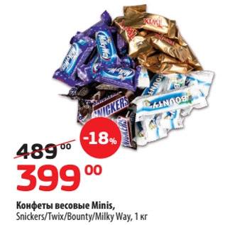 Акция - Конфеты весовые Minis, Snickers/Twix/Bounty/Milky Way