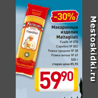 Акция - Макаронные изделия Maltagliati Fusilli № 078 Сapellini № 002 Рожки средние № 38 Рожки витые № 69 500 г