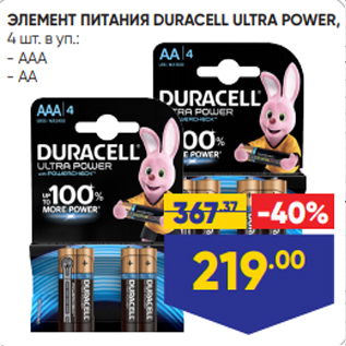 Акция - ЭЛЕМЕНТ ПИТАНИЯ DURACELL ULTRA POWER, 4 шт. в уп.: - ААА - АА