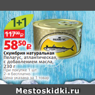 Акция - Скумбрия натуральная Пелагус, атлантическая, с добавлением масла, 230 г