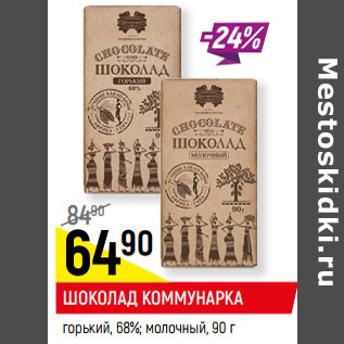 Акция - ШОКОЛАД КОММУНАРКА горький, 68%; молочный,