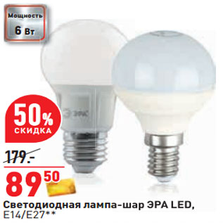 Акция - Светодиодная лампа-шар ЭРА LED, Е14/E27*