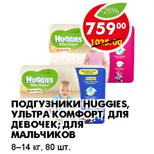 Акция - ПОДГУЗНИКИ HUGGIES, УЛЬТРА КОМФОРТ, ДЛЯ ДЕВОЧЕК, ДЛЯ МАЛЬЧИКОВ