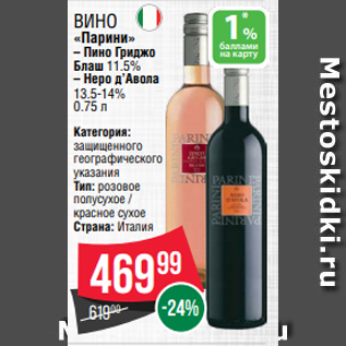 Акция - ВИНО «Парини» – Пино Гриджо Блаш 11.5% – Неро д’Авола 13.5-14% 0.75 л