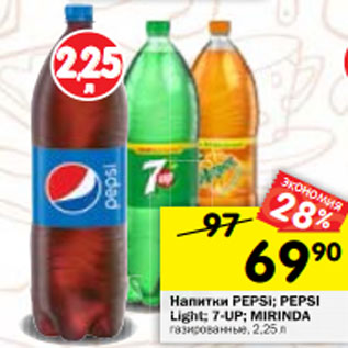 Акция - Напитки PEPSI; PEPSI Light; 7-UP; MIRINDA газированные, 2,25 л