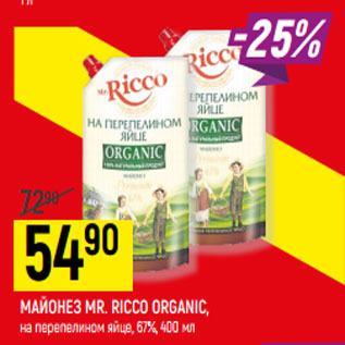 Акция - МАЙОНЕЗ MR. RICCO ORGANIC, на перепелином яйце, 67%,