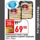 Магазин:Окей супермаркет,Скидка:Блинчики С Пылу с жару с ветчиной и сыром/с курицей, Лина 