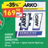 Магазин:Дикси,Скидка:НАБОР
ARKO
SENSITIVE:
пена, 200 мл + крем после бритья,
50 мл