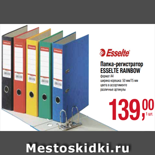 Акция - Папка-регистратор ESSELTE RAINBOW формат А4 ширина корешка: 50 мм/75 мм цвета в ассортименте различные артикулы