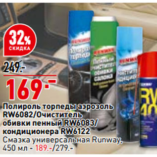 Акция - Полироль торпеды аэрозоль RW6082/Очиститель обивки пенный RW6083/ кондиционера RW6122