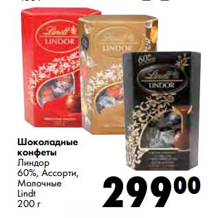 Акция - Шоколадные конфеты Линдор 60%, Ассорти, Молочные Lindt