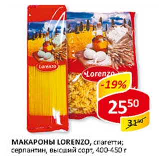 Акция - Макароны Lorenzo, спагетти; серпантин, высший сорт
