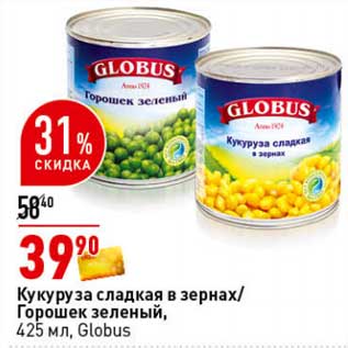 Акция - Кукуруза сладкая в зернах /Горошек зеленый Globus