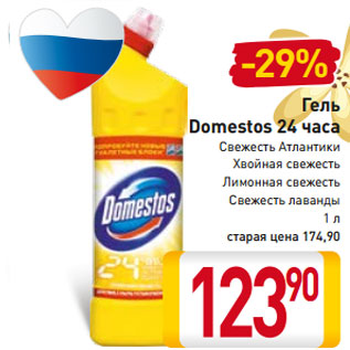 Акция - Гель Domestos 24 часа Свежесть Атлантики Хвойная свежесть Лимонная свежесть Свежесть лаванды 1 л