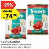 Магазин:Карусель,Скидка:Томаты TESORO
резаные/целые, очищенные,
в собственном соку, 425 мл