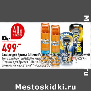 Акция - Станок для бритья Gillette Fusion ProShield с сменной кассетой - 499,00 руб / Гель для бритья Gillette Fusion Glade 200 мл - 194,00 руб / Станок для бритья Gillette Proqlide 1-2 сменными кассетами