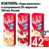 Магазин:Наш гипермаркет,Скидка:Коктейль «Чудо молочное»
в ассортименте 2% жирности
950 мл, Россия