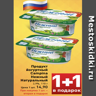 Акция - Продукт йогуртный Campina Нежный Натуральный 2,9%, 110 г Цена 1 шт. 14,90