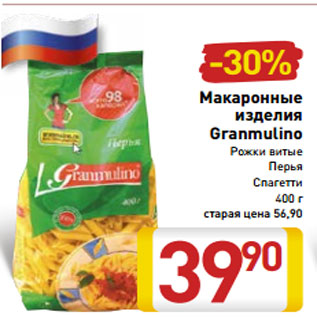 Акция - Макаронные изделия Granmulino Рожки витые Перья Спагетти 400 г