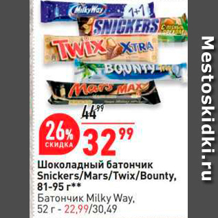 Акция - Шоколадный батончик Snickers/Mars/Twix/Bounty.