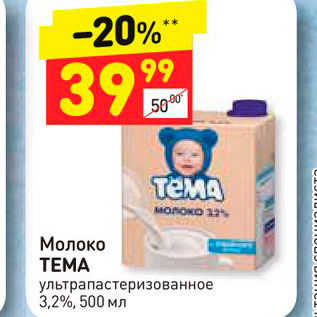 Акция - Молоко ТЕМА ультра пастеризованное 3,2%