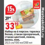 Магазин:Окей,Скидка:Набор на 6 персон: тарелка
белая, стакан прозрачный,
стакан цветной, ложка,
вилка, нож,
20,5 см/100 мл/200 мл