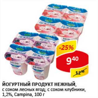 Акция - Йогуртный продукт Нежный, с соком лесных ягод; клубники; 1,2% Campina