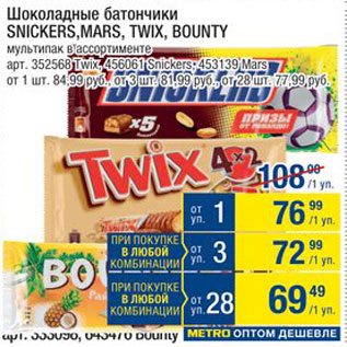 Акция - Батончики шоколадные Snickers/Mars/Twix/Bounty