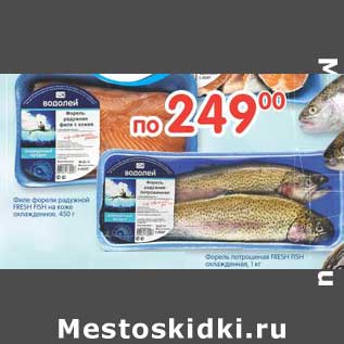 Акция - Филе форели радужной Fresh Fish на коже охлажденное 450 г/Форель потрошенная Fresh Fish охлажденная 1 кг