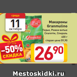 Акция - Макароны Granmulino Перья, Рожки витые Спагетти, Спираль 400 г