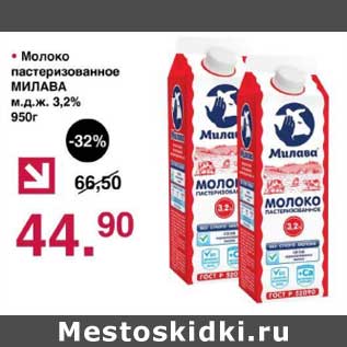 Акция - Молоко пастеризованное Милава 3,2%