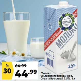 Акция - Молоко ультрапастеризованное, Страна Вacильки, 2,5%, 1 л