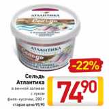 Магазин:Билла,Скидка:Сельдь
Атлантика
в винной заливке
с луком
филе-кусочки, 280 г