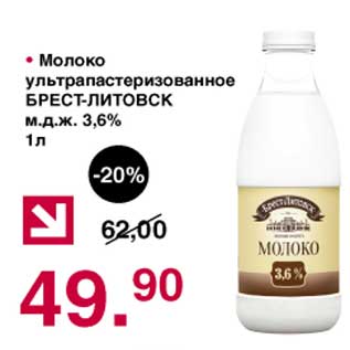 Акция - Молоко у/пастеризованное Брест-Литовск 3,6%