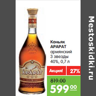 Акция - Коньяк АРАРАТ армянский 3 звезды 40%