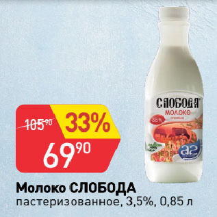 Акция - Молоко СЛОБОДА пастеризованное, 3,5%