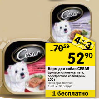 Акция - Корм для собак CESAR фрикасе из ягненка; патэ; бефстроганов из говядины, 100 г
