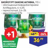 Лента Акции - БИОЙОГУРТ DANONE АКТИВИА, 170 г:
- обогащенный бифидобактериями
 ActiRegularis, 4–4,5%
- термостатный, 2,4–3%
- двухслойный, 2,7%