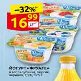 Магазин:Дикси,Скидка:ЙОГУРТ «ФРУАТЕ»
в асс.: клубника, персик,
черника, 2,5%, 125 г