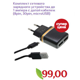Акция - Комплект сетевого зарядного устройства до 1 ампера с датой кабелем (8pin, 30pin, microUSB)