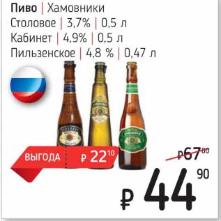 Акция - Пиво Хамовники Столовое 3,7% 0,5 л / Кабинет 4,9% 0,5 л / Пильзенское 4,8% 0,47 л