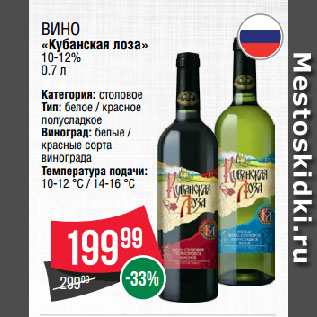 Акция - Вино «Кубанская лоза» 10-12%