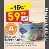 Магазин:Дикси,Скидка:Сардина
МОРЕСЛАВ
атлантическая, натуральная
с добавлением масла, ж/б