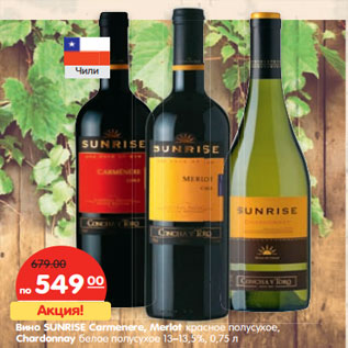 Акция - Вино Sunrise Carmenere, Merlot красное полусухое, Chardonnay белое полусухое 13-13,5%