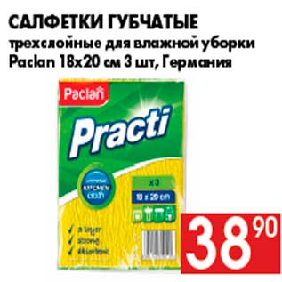 Акция - Салфетки губчатые трехслойные для влажной уборки Paclan 18х20 см 3 шт, Германия