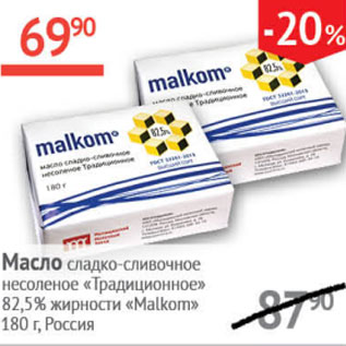 Акция - Масло сладко-сливочное несоленое Традиционное 82,5% Malkom