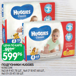 Акция - ПОДГУЗНИКИ HUGGIES КЛАССИК №3 (4-9 КГ) 78 ШТ., №4 (7-18 КГ) 68 ШТ., №5 (11-25 КГ) 58 ШТ.