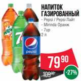 Магазин:Spar,Скидка:Напиток
газированный  Pepsi / Pepsi Лайт/ Mirinda Оранж/ 7up