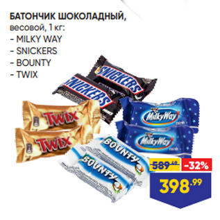 Акция - БАТОНЧИК ШОКОЛАДНЫЙ, весовой, 1 кг: - MILKY WAY - SNICKERS - BOUNTY - TWIX