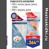 Магазин:Лента супермаркет,Скидка:РЫБА БУХТА ИЗОБИЛИЯ:
- 700 г: палтус, филе; семга,
стейк,
- 500 г: форель, филе